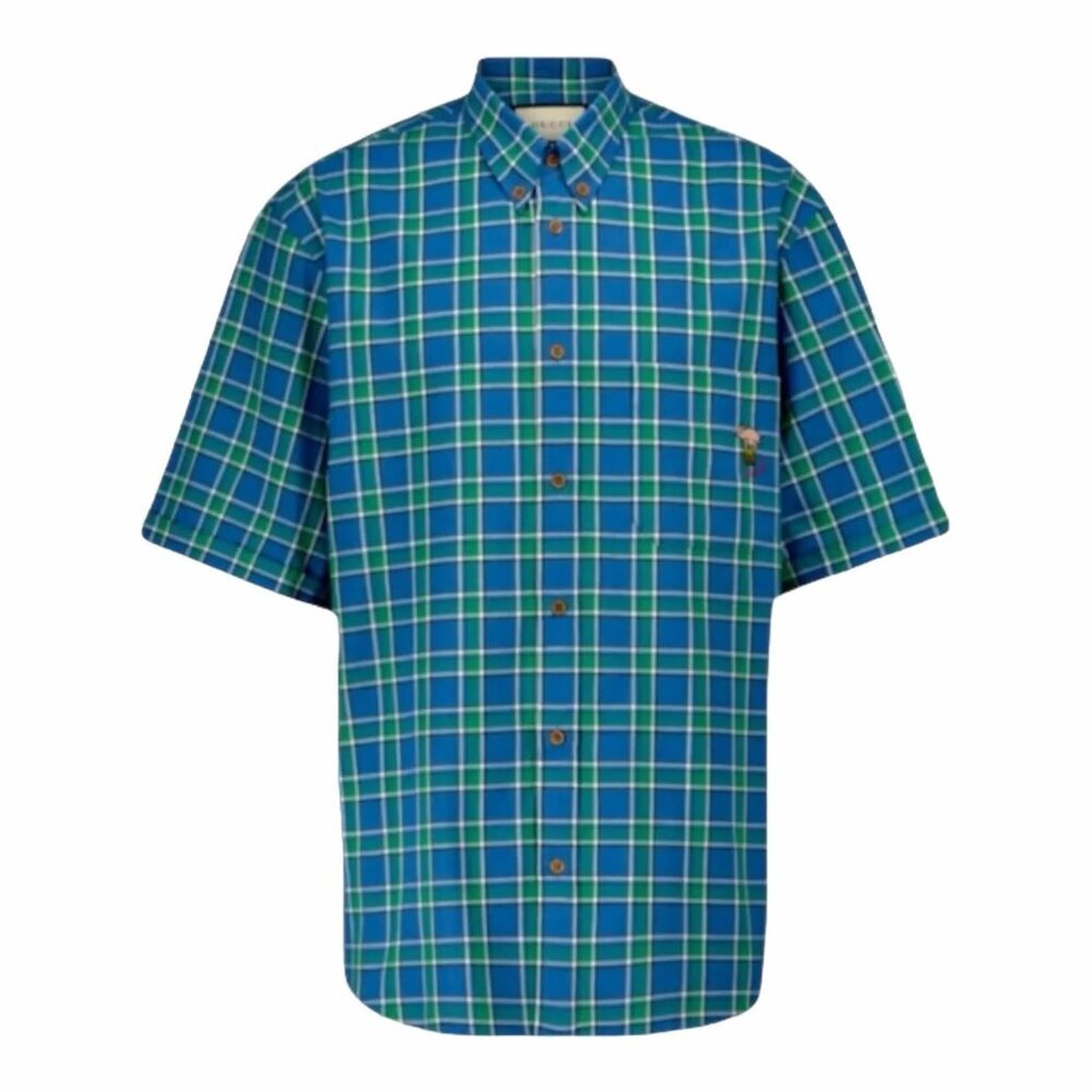 NWT Gucci Men's Blue/Green Checkered Vintage Button Down Shirt 50